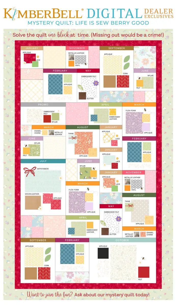 Kimberbell Digital Dealer Exclusive Life is Sew Berry Good Mystery Quilt 2027- DESIGNS ONLY (FULL YEAR OR A LA CARTE, USE DROP DOWN MENU)