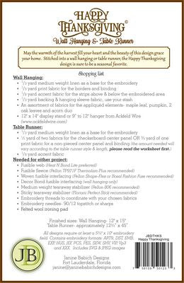 Janine Babich Happy Thanks Giving Thanksgiving Wall Hanging and Table Runner JBDTHKS Embroidery Design