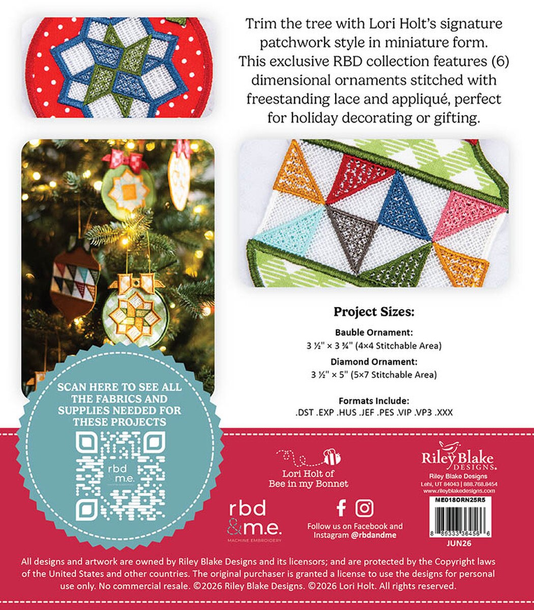 PREORDER- Riley Blake Machine Embroidery Home Town Holiday Patchwork Ornaments Design by Lori Holt ME018ORN25R5 DUE OUT AUGUST 2026