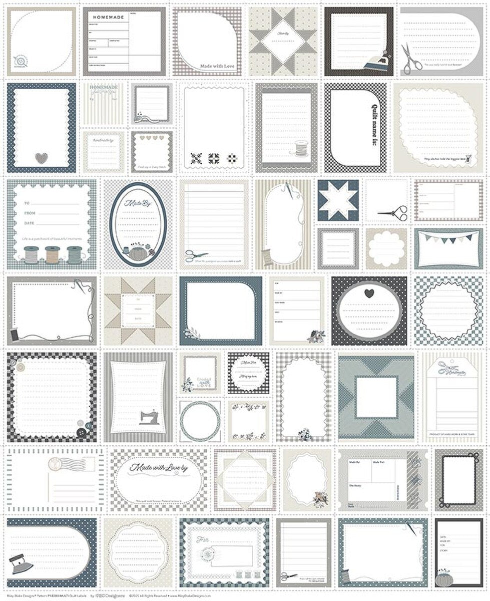 PREORDER Riley Blake Designs Quilt Labels Panel Grayscale SKU: P18380-GRAYSCALE DUE OUT SEPTEMBER 2026