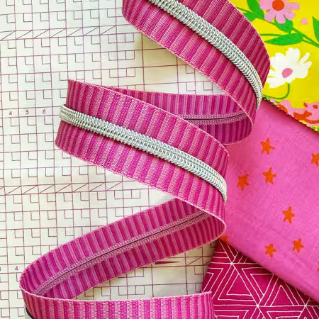Sassafras Lane Wide Pink Stripe Zipper Tape with Nickel teeth # SASSZIP-PINK