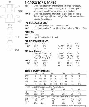 The Sewing Workshop Picasso Top and Pants Sewing Pattern TSW PP064