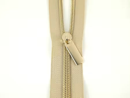 Sallie Tomato Beige #5 Nylon Gold Coil Zippers: 3 Yards with 9 Pulls # ZBY5C22