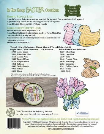 Claudia's Creations In The Hoop Easter Coasters # EC00215
