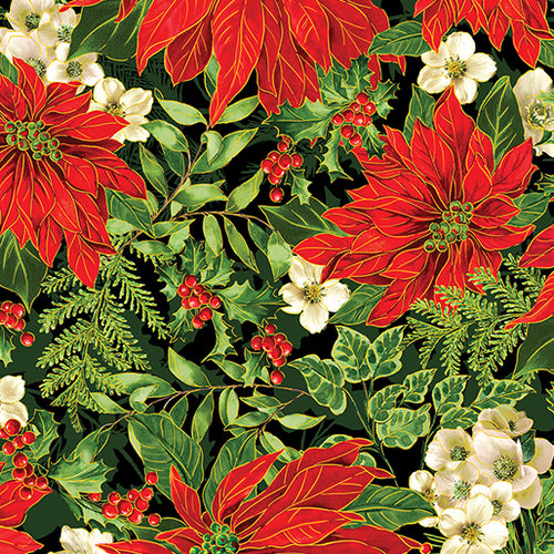 Benartex Poinsettia Serenade Black (Christmas Musical) 14027M-12 Fabric Sold Per Yard