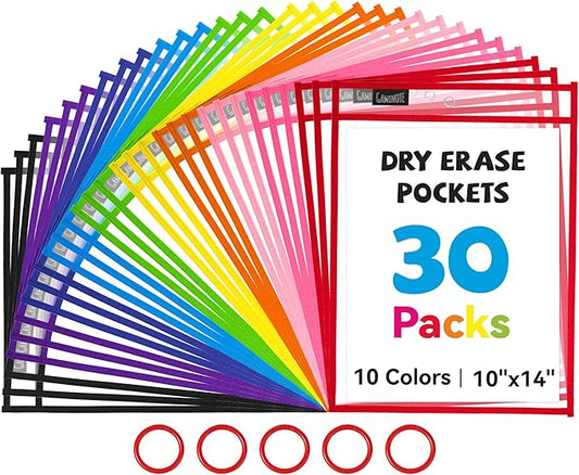 Amazon Affiliate LINK IN DESCRIPTION- Gamenote 30 Pack Dry Erase Pockets with 5 Rings, 10 Assorted Colors 10x14 Oversized Reusable Plastic Sleeves