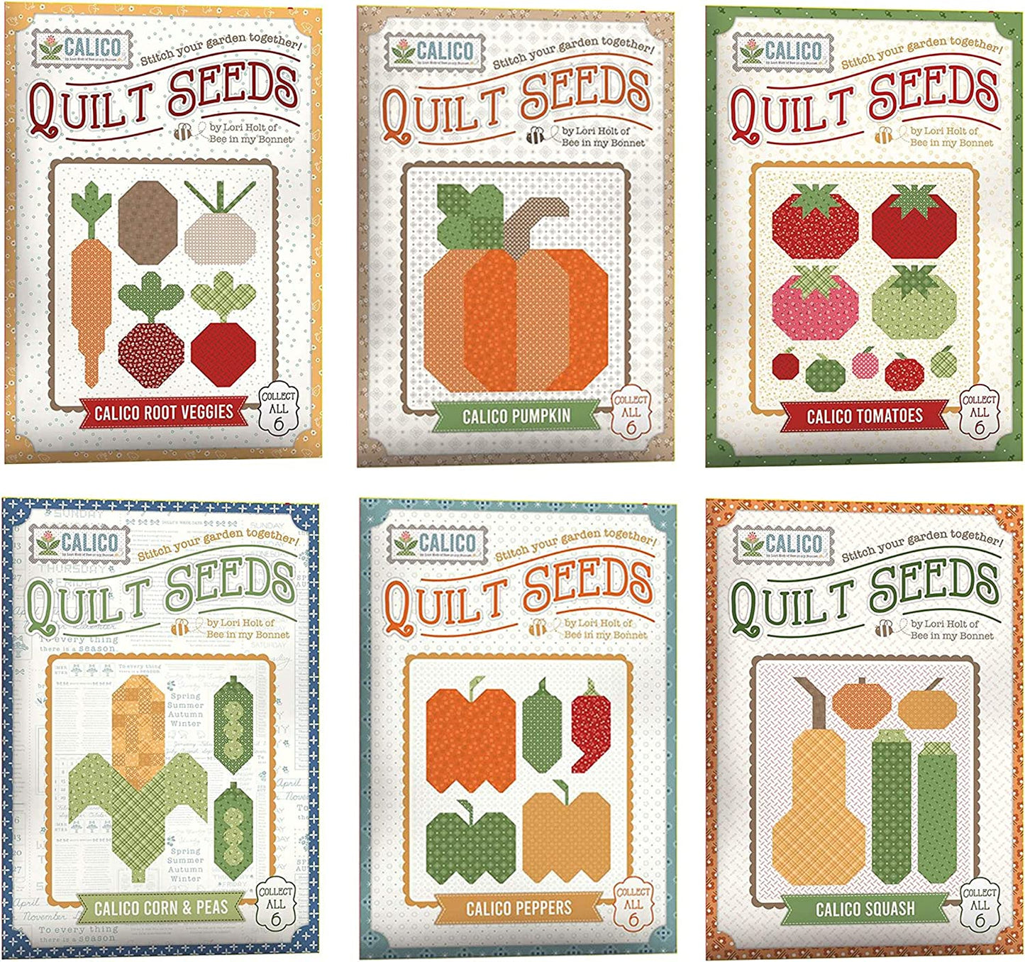 Lori Holt Quilt Seeds Patterns Collect All 6 - Tomatoes, Corn & Peas, Squash, Root Veggies, Pumpkin, Peppers CLEARANCE