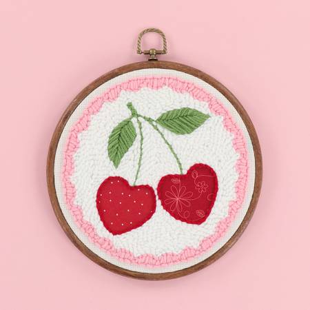 Kimberbell Punch Needle Embroidery Kit Life is Cherry Sweet 8in Faux Wood Hoop # KPNK1009