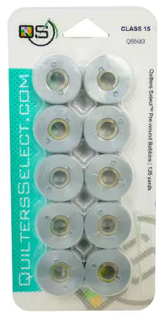 Quilters Select Prewound Class 15 Bobbins Light Grey # QB0483