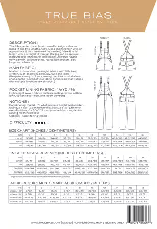 True Bias Riley Overalls Sewing Pattern Sizes 0-18 # TBP2205