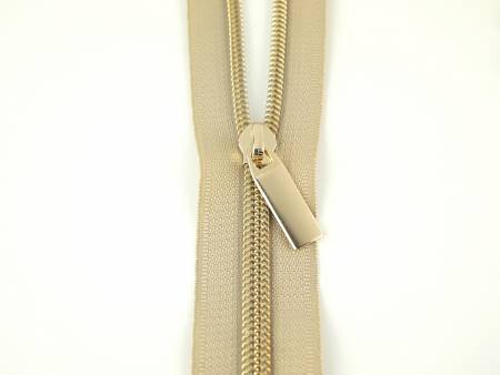 Sallie Tomato Beige #5 Nylon Gold Coil Zippers: 3 Yards with 9 Pulls # ZBY5C22