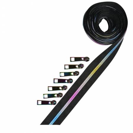 Pam Damour Metallic Rainbow Zipper Tape 2 1/2 yd with 7 pulls Black or White