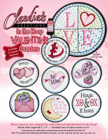 Claudia's Creations In The Hoop Valentine Coasters # CV00213 Embroidery Pattern
