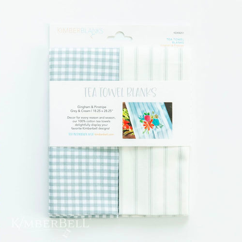 Kimberbell Tea Towel Blanks, Gingham & Pinstripe Grey/Cream Set of 2 # KDKB251