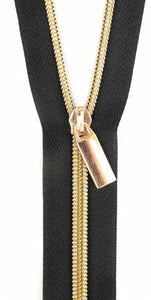 Black #5 Nylon Gold Coil Zippers: 3 Yards with 9 Pulls # ZBY5C12 Sallie Tomato