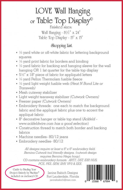 Love Wall Hanging & Table Display Machine Embroidery CD, From Janine Babich Designs