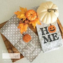 Load image into Gallery viewer, Kimberbell Fill In the Blank October: “Welcome Home, Pumpkin&quot; with Gingham and Pinstripe Tea Towel Set, Grey and Cream, Set of 2, w/free Design