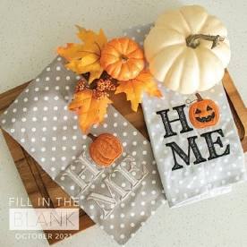 Kimberbell Fill In the Blank October: “Welcome Home, Pumpkin" with Gingham and Pinstripe Tea Towel Set, Grey and Cream, Set of 2, w/free Design