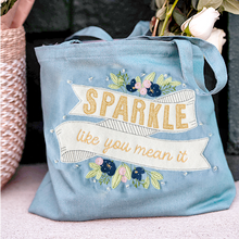 Load image into Gallery viewer, Kimberbell Fill in the Blank: JANUARY 2021 – Sparkle Like You Mean It Chambray Tote w/ EMBROIDERY DESIGN and OPTIONAL embellishment kit