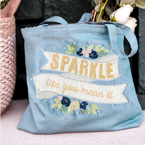 Kimberbell Fill in the Blank: JANUARY 2021 – Sparkle Like You Mean It Chambray Tote w/ EMBROIDERY DESIGN and OPTIONAL embellishment kit