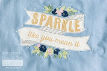 Load image into Gallery viewer, Kimberbell Fill in the Blank: JANUARY 2021 – Sparkle Like You Mean It Chambray Tote w/ EMBROIDERY DESIGN and OPTIONAL embellishment kit